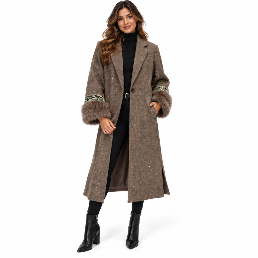 NKN Nekane Womens Wool Blend Coat Sz Small Brown Herringbone Faux Fur Old Money